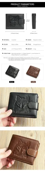 Design Wolf Embossed Leather Short Wallet Black Short Wallet - 4