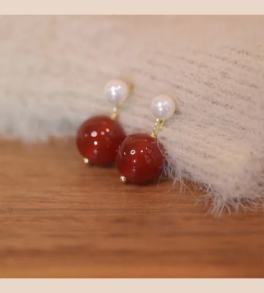 Design Pearl and Red Agate Drop Earrings - 6