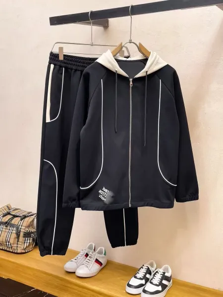 Design Black and White Contrast Hooded Tracksuit Set with Side Stripe Detail - 1