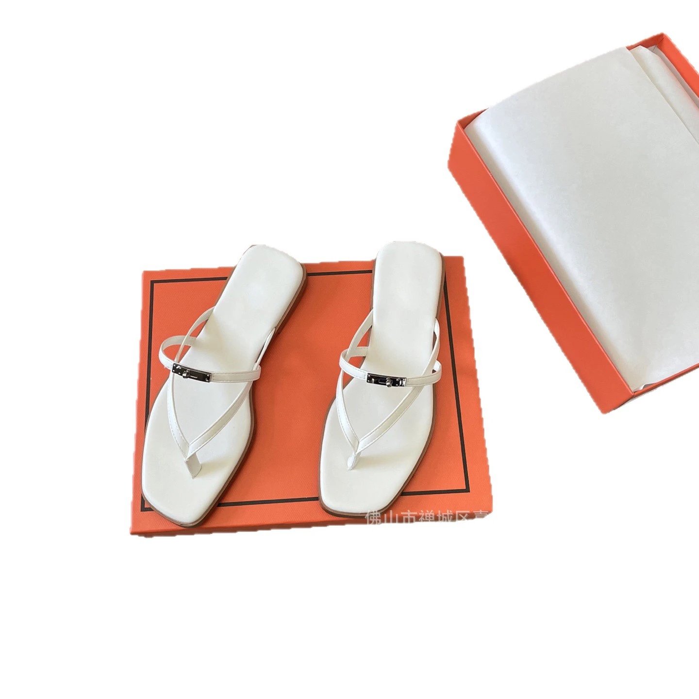 Hermès Oran Flat Sandals Black Brown White Square-Toe Thong Slippers