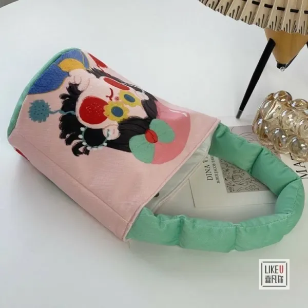 Design Cartoon Character Bucket Bag Blue Peach Multicolor - 22