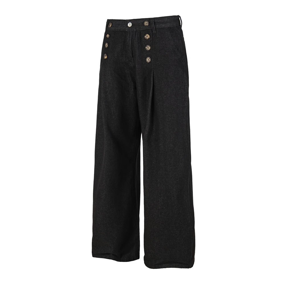 Design Wide-Leg Denim Trousers with Double-Breasted Button Detail Black Jeans - 5
