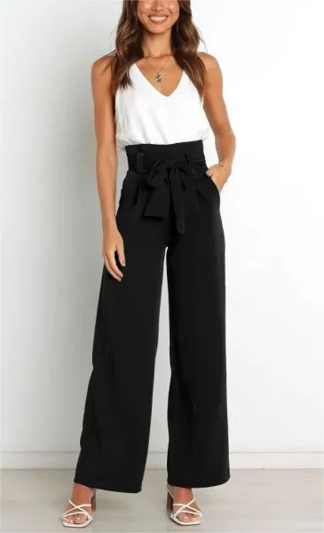 Design High-Waisted Paperbag Waist Wide-Leg Pants Black - 22