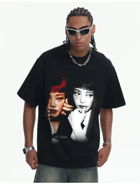 Design Like Jennie Graphic Print Black Oversized T-Shirt - 37