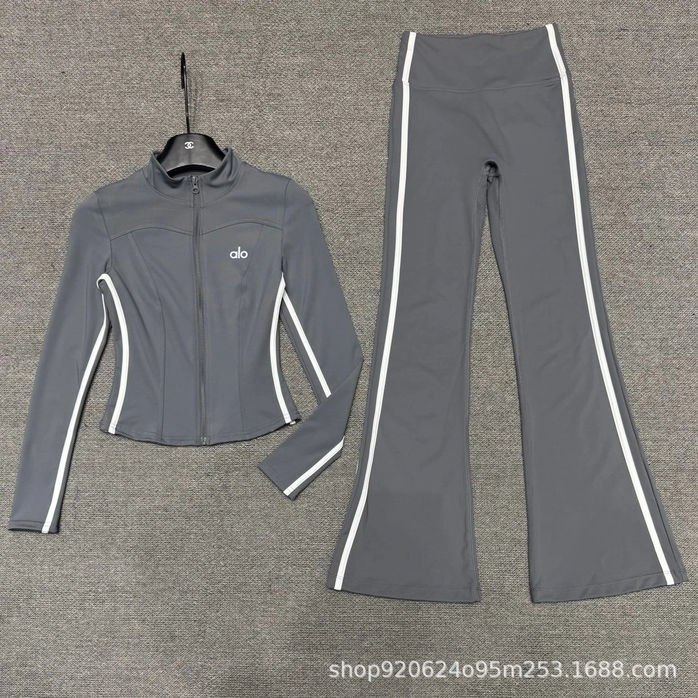 Alo Yoga Studio Line Gray with White Stripe Activewear Set