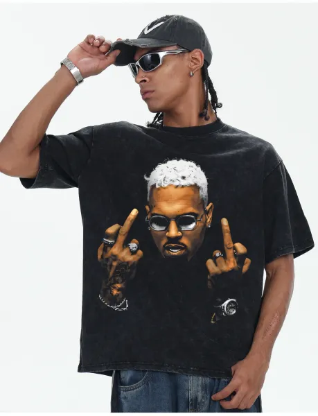 Design Graphic Print Acid Wash Black T-Shirt - 19