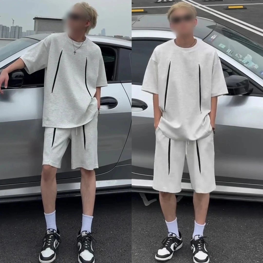 Design Oversized Split-Panel Gray T-Shirt and Shorts Set - 7