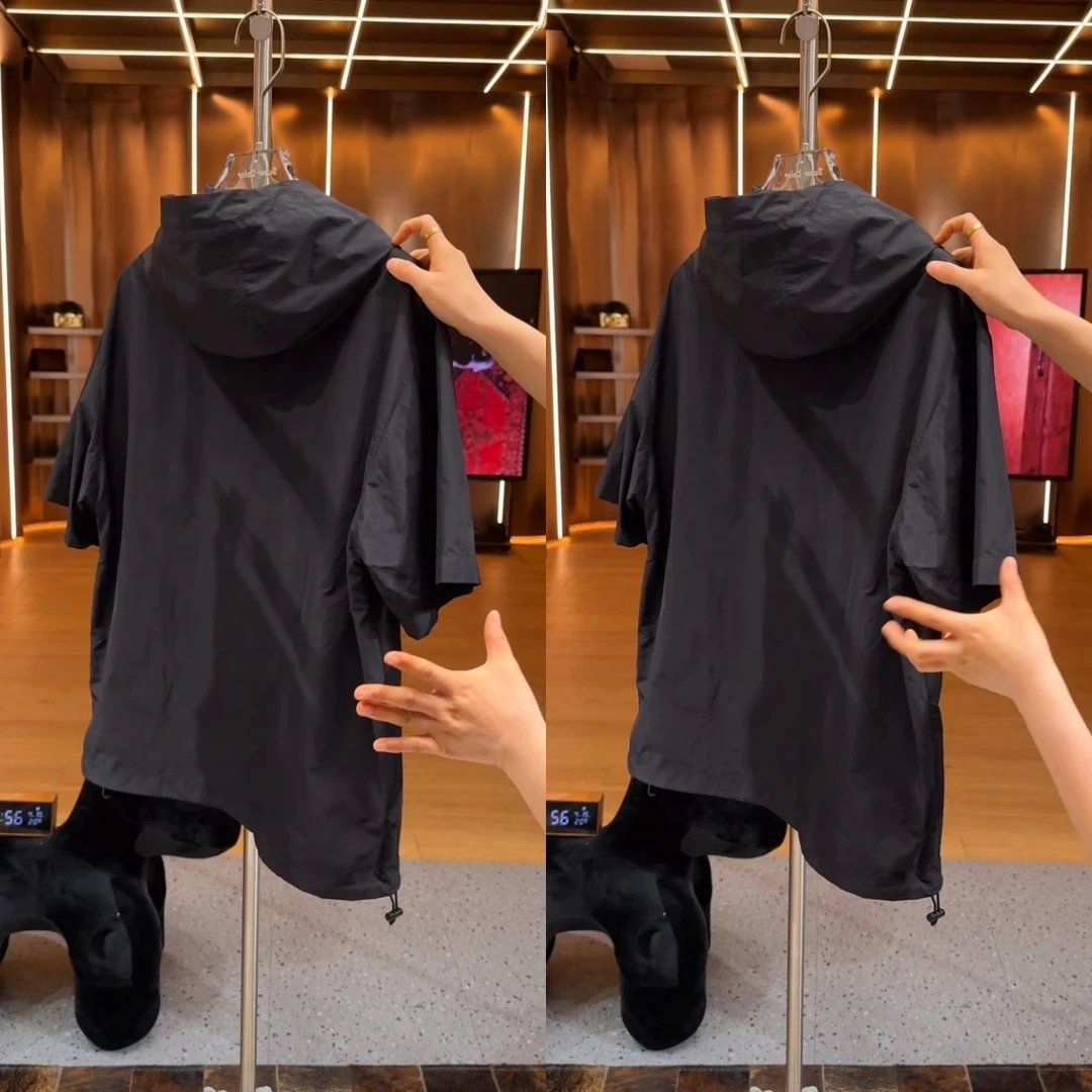 Black Hooded Short Sleeve Windbreaker Jacket