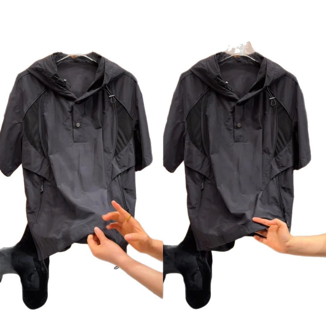 Black Hooded Short Sleeve Windbreaker Jacket