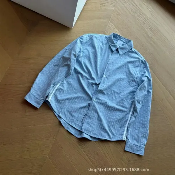 Design Light Blue Textured Shirt with Contrast Tape Detail Tops Shirt - 1