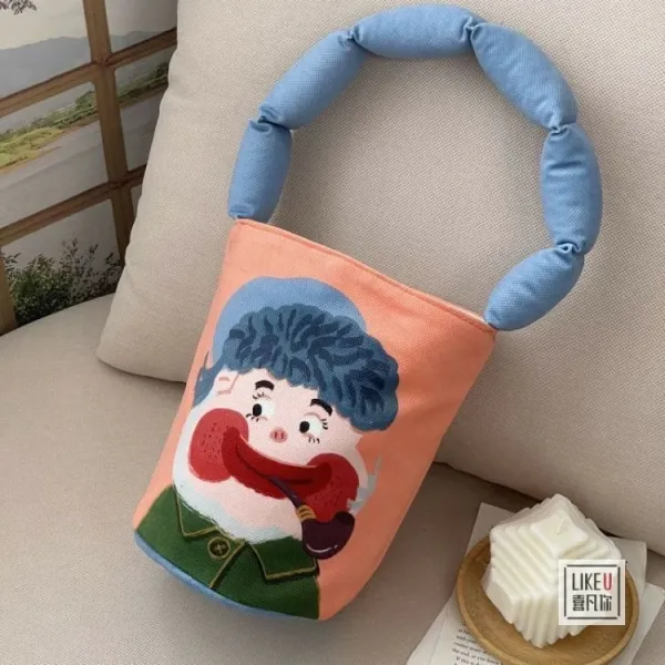 Design Cartoon Character Bucket Bag Blue Peach Multicolor - 34