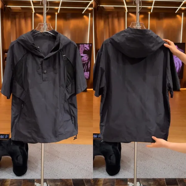 Design Short-Sleeve Hooded Windbreaker Black Outerwear - 3