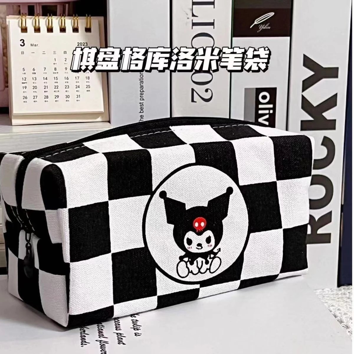 Sanrio Kuromi Checkerboard Pencil Case Black and White Clutches