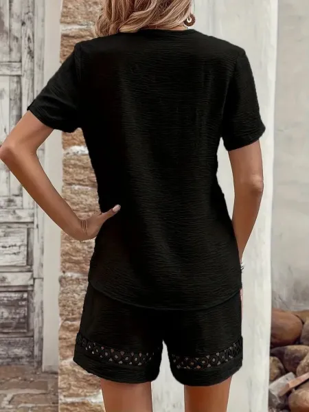 Design Lace-Trimmed V-Neck Romper Black Sets - 13