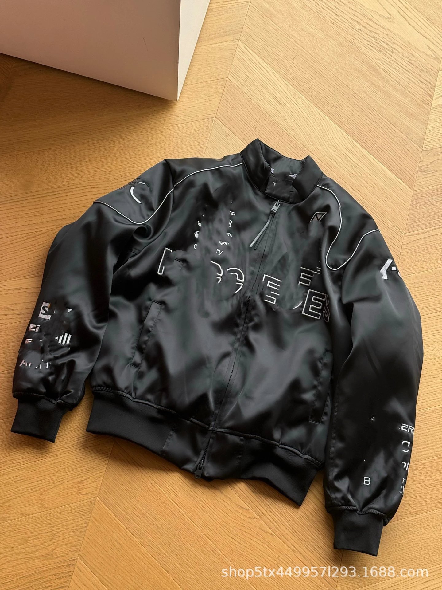 Design Satin Bomber Jacket with Abstract Text Print Black Outerwear - 4