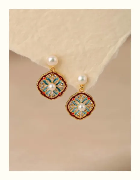 Design Floral Enamel Pearl Drop Earrings Jewelry - 7