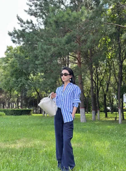 Polo Ralph Lauren Striped Linen Shirt Blue and White Tops Shirt - 12