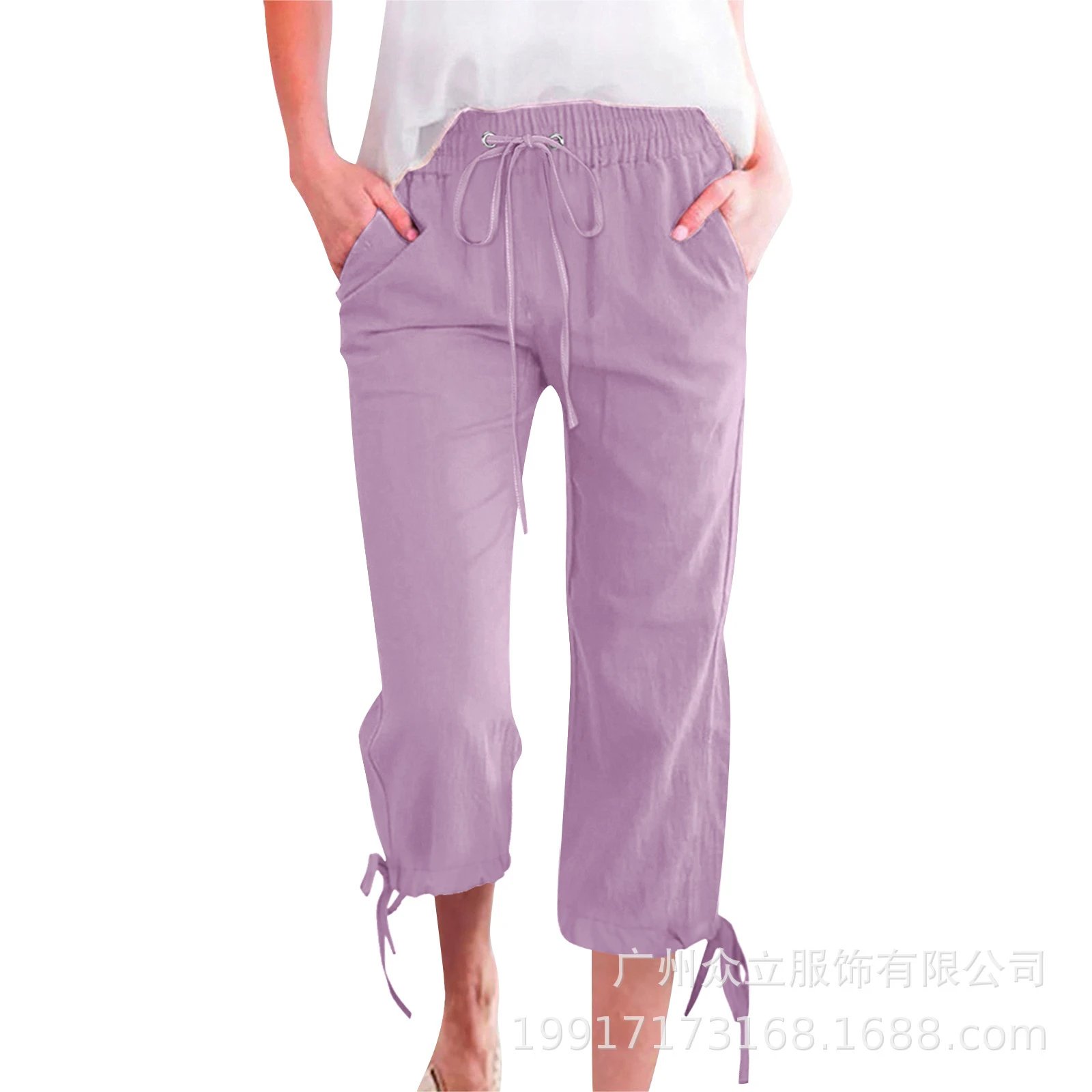 Design Capri Pants with Drawstring Waist and Tie Cuffs in Lilac