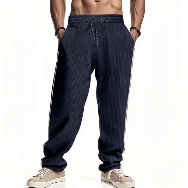 Design Corduroy Track Pants Black with White Stripes Sweatpants - 10