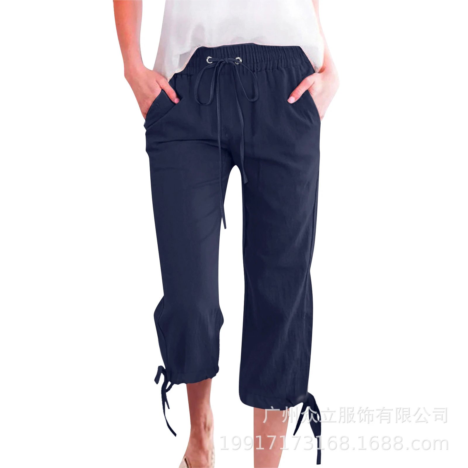 Design Capri Pants Light Blue Drawstring Waist with Cuff Ties - 6