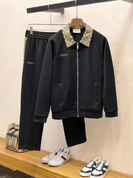 Gucci GG Monogram Collar Track Jacket and Sweatpants Set Black Tracksuit - 1