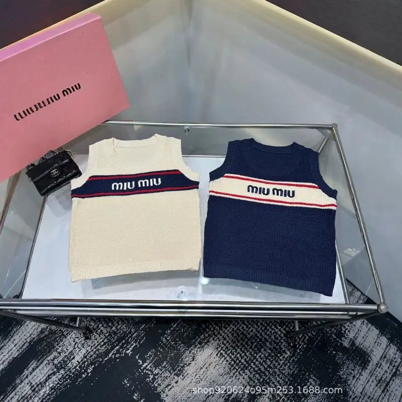 Miu Miu Knit Sleeveless Beige Logo Stripe Tank Top