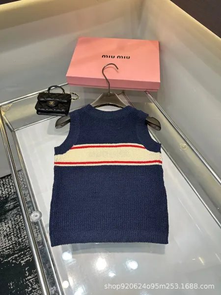 Miu Miu Logo-Striped Knit Vest Top Navy - 5