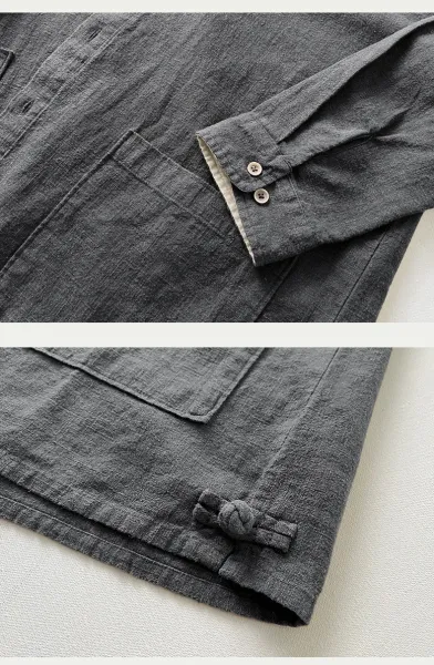 Design Mandarin Collar Linen Blend Jacket Gray Outerwear Jacket - 14