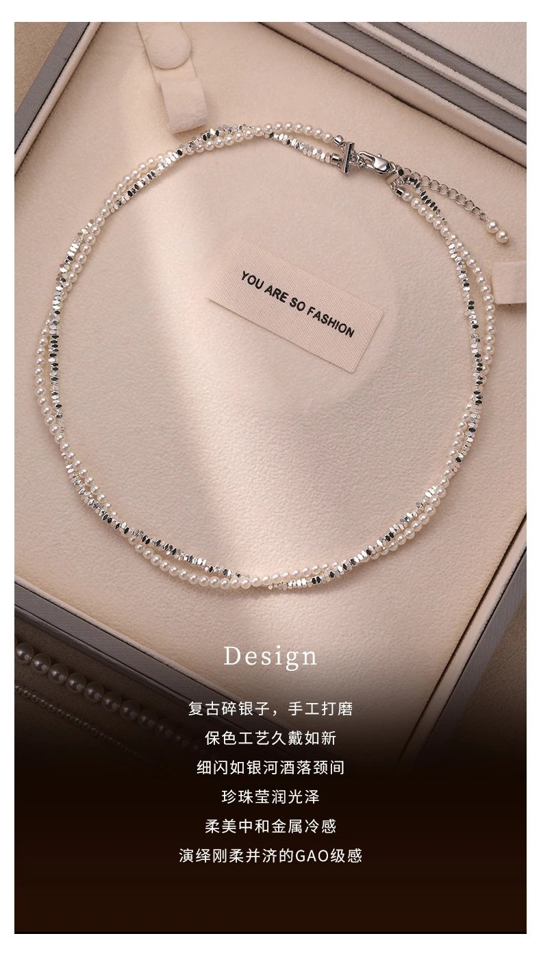 Design Pearl and Crystal Double-Strand Choker Necklace Jewelry - 3