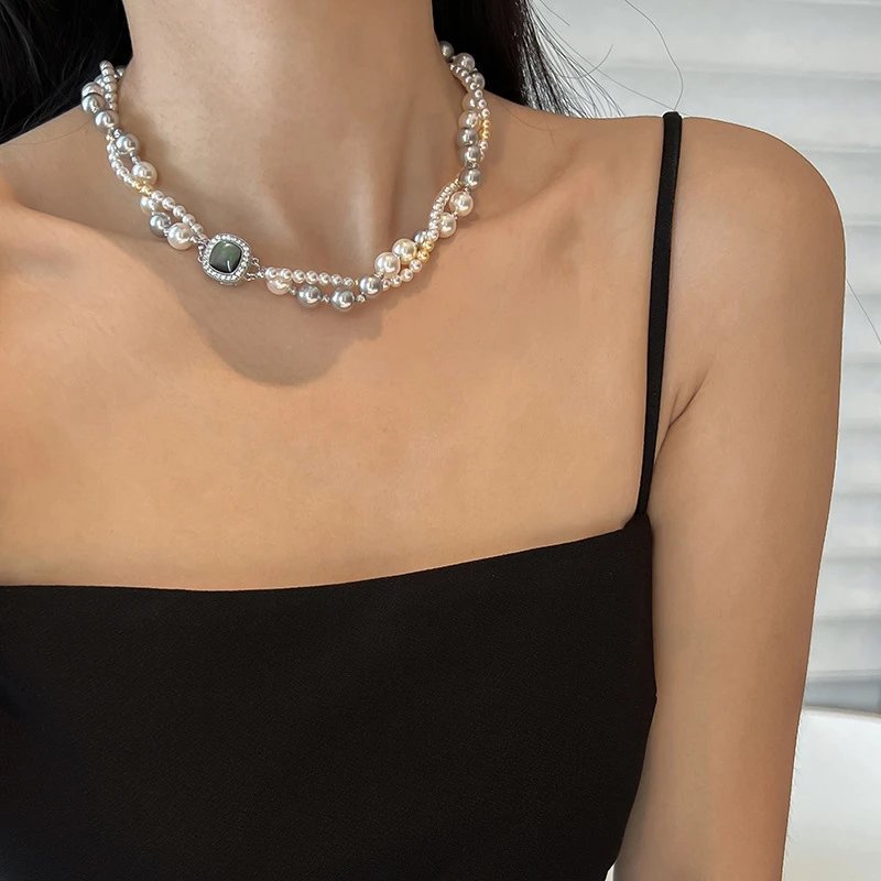 Multi Strand Pearl Necklace Silver Gray White Gold Tone Elegance
