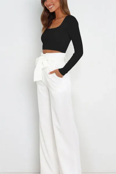 Design High-Waisted Paperbag Waist Wide-Leg Pants Black - 14