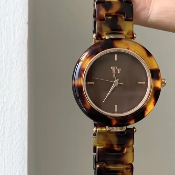 Design Tortoiseshell Acetate Watch with Brown Dial and Gold-Tone Hands Watches - 1