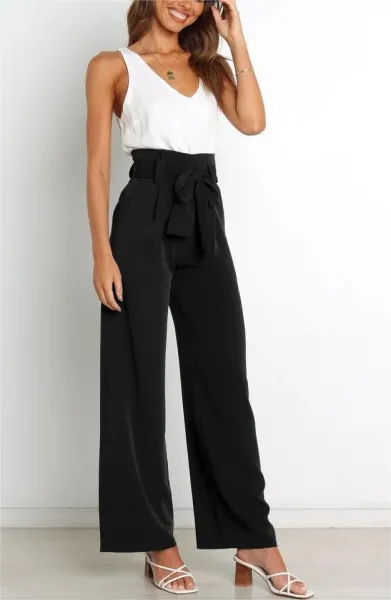 Design High-Waisted Paperbag Waist Wide-Leg Pants Black - 21