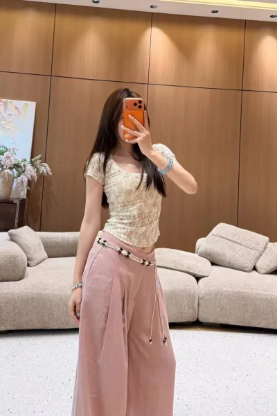 Design Wide-Leg Linen Blend Trousers Dusty Pink Pants - 9