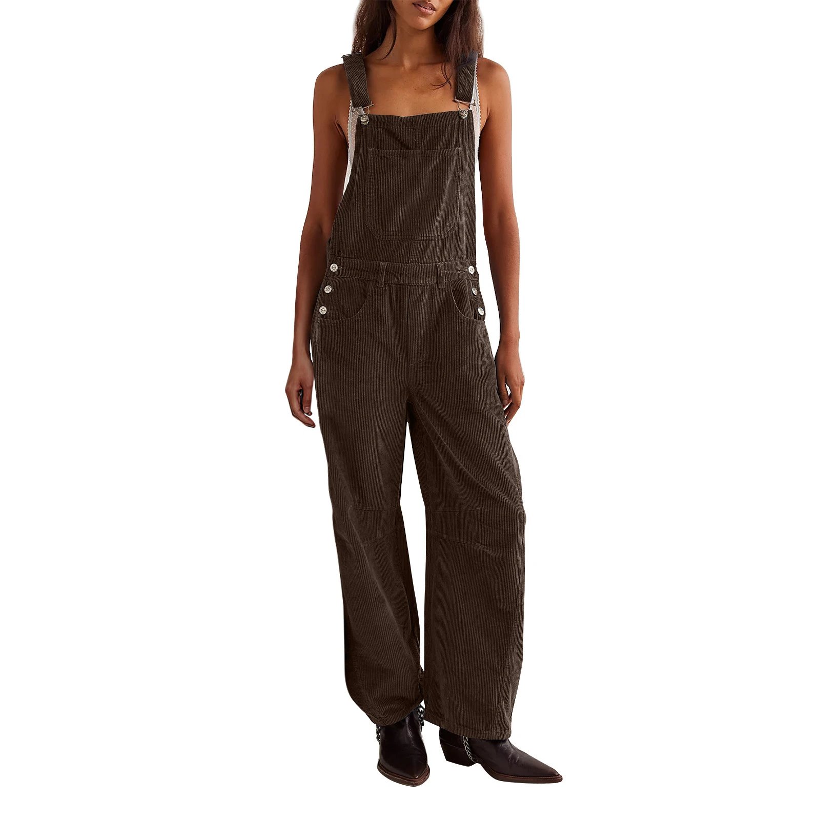 Corduroy Wide Leg Overalls Black Casual