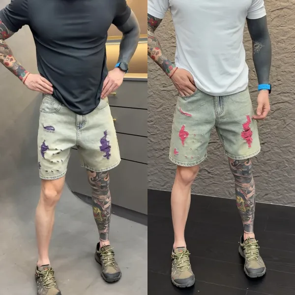 Kenzo Distressed Denim Shorts with Pink Embroidery Light Wash Shorts - 3