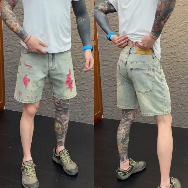 Kenzo Distressed Denim Shorts with Pink Embroidery Light Wash Shorts - 5