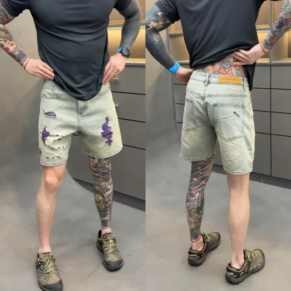 Kenzo Distressed Denim Shorts with Pink Embroidery Light Wash Shorts - 6