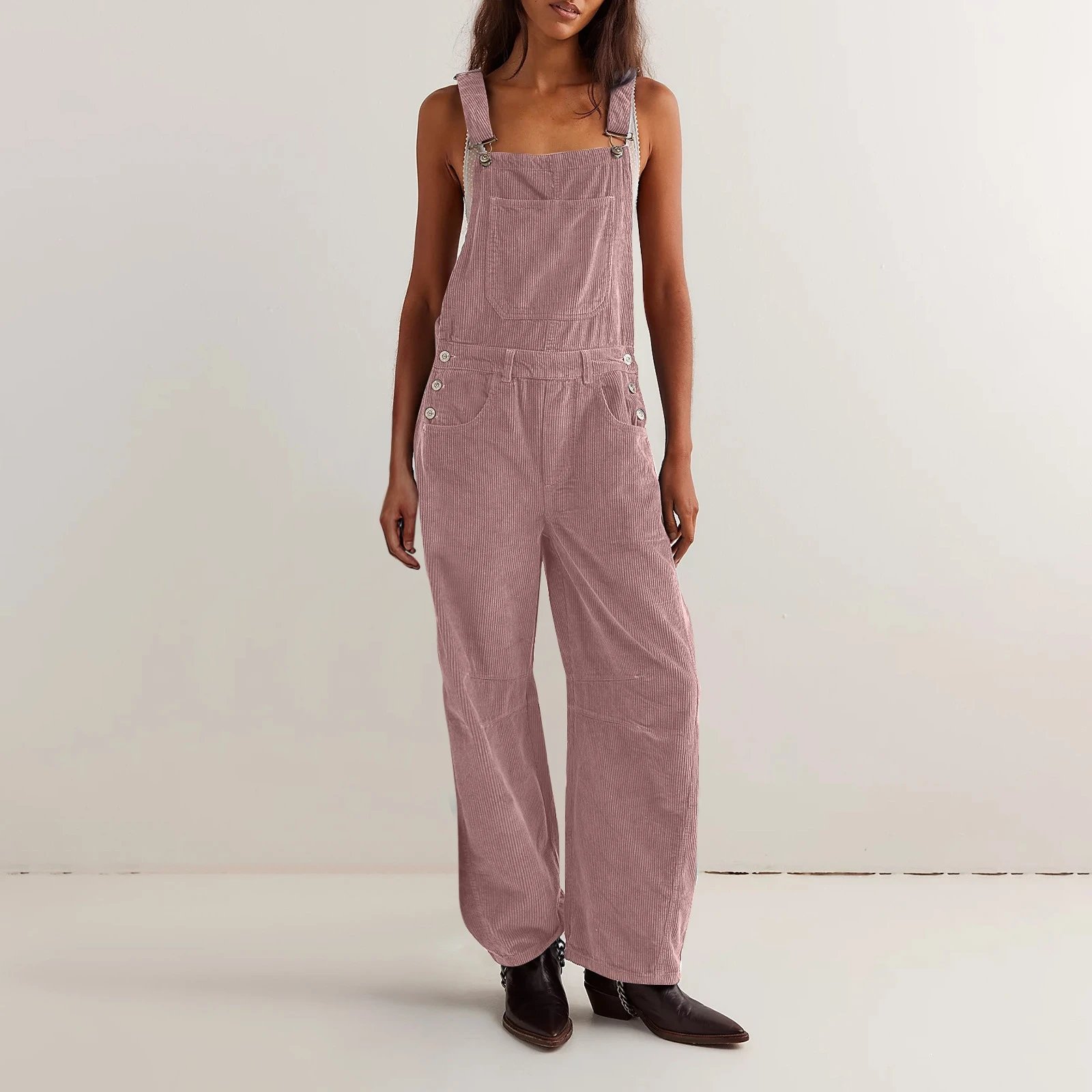 Design Black Corduroy Wide-Leg Overalls Pants - 7
