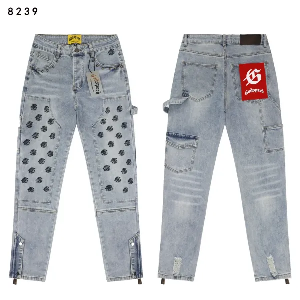 Godspeed Logo-Embroidered Cargo Jeans Light Wash - 1