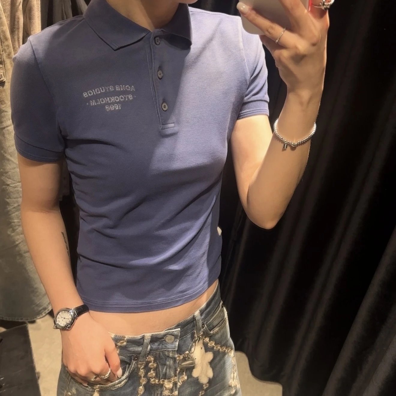 Acne Studios Polo Shirt Navy Blue Embroidered Classic