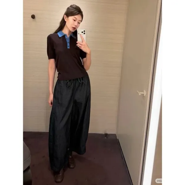 Design COS Color-Block Knit Polo Brown with Blue Collar Tops Polo - 11