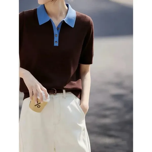 Design COS Color-Block Knit Polo Brown with Blue Collar Tops Polo - 12