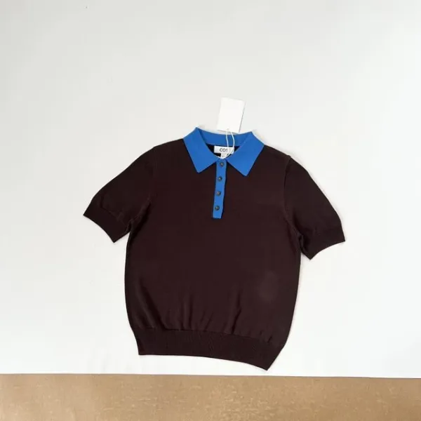 Design COS Color-Block Knit Polo Brown with Blue Collar Tops Polo - 13
