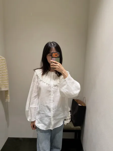 Design Crochet Collar Linen Shirt White Tops Shirt - 7