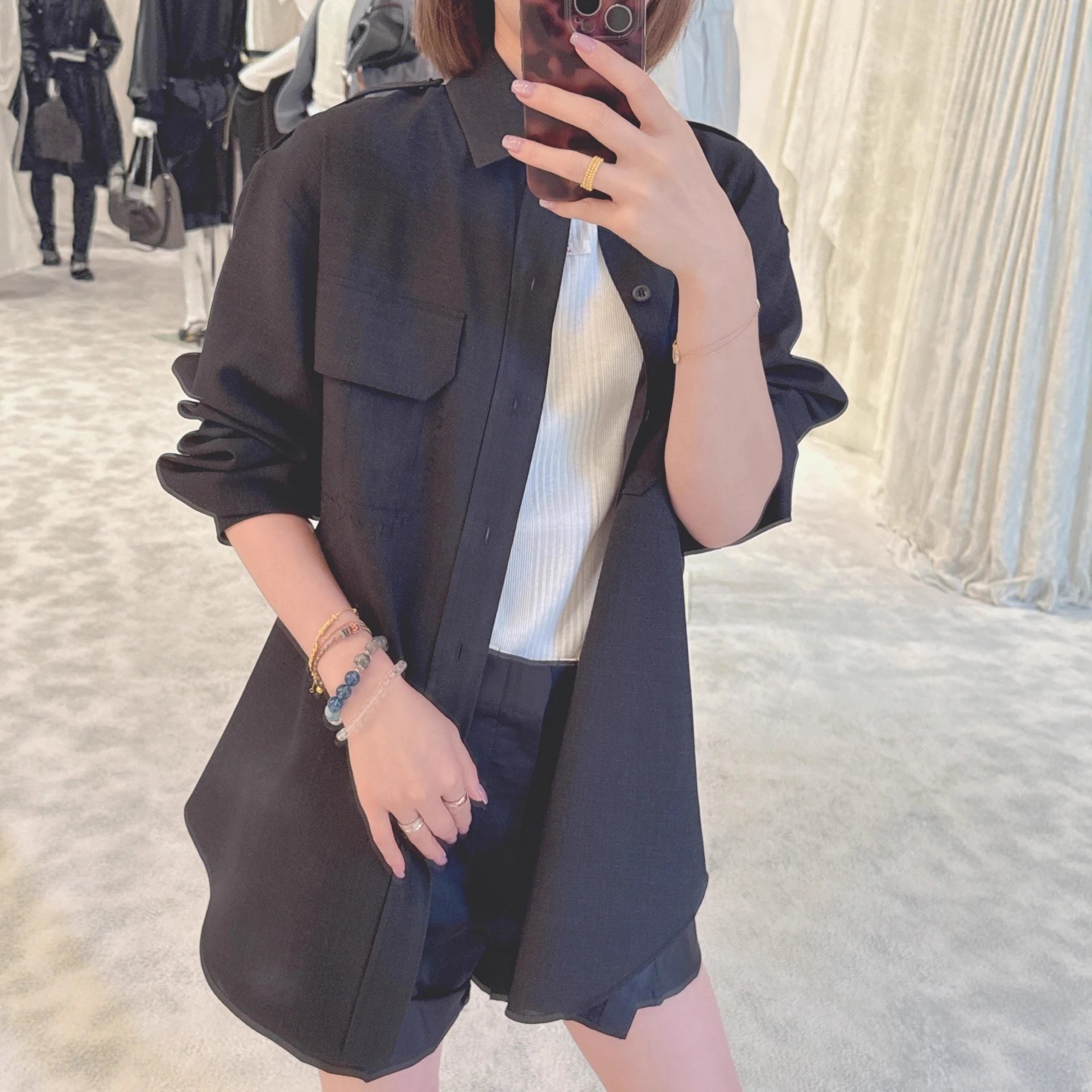 Black Cotton Oversized Shirt with Contrast Collar and Patch Pockets