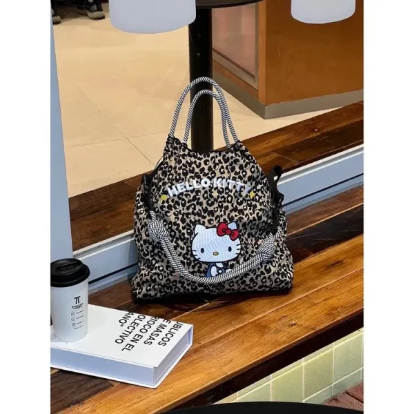 Hello Kitty Leopard Print Tote Bag with Embroidered Character and Charm - 11
