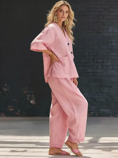 Design Lime Green Linen Wrap Top and Harem Pants Set Sets - 5