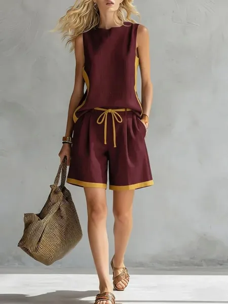 Design Two-Tone Burgundy and Gold Sleeveless Top and Shorts Set - 1