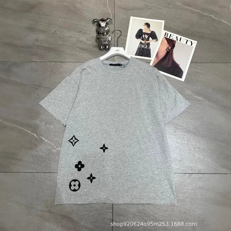Cotton T-Shirt Cream Gray Monogram Print Oversized Tee